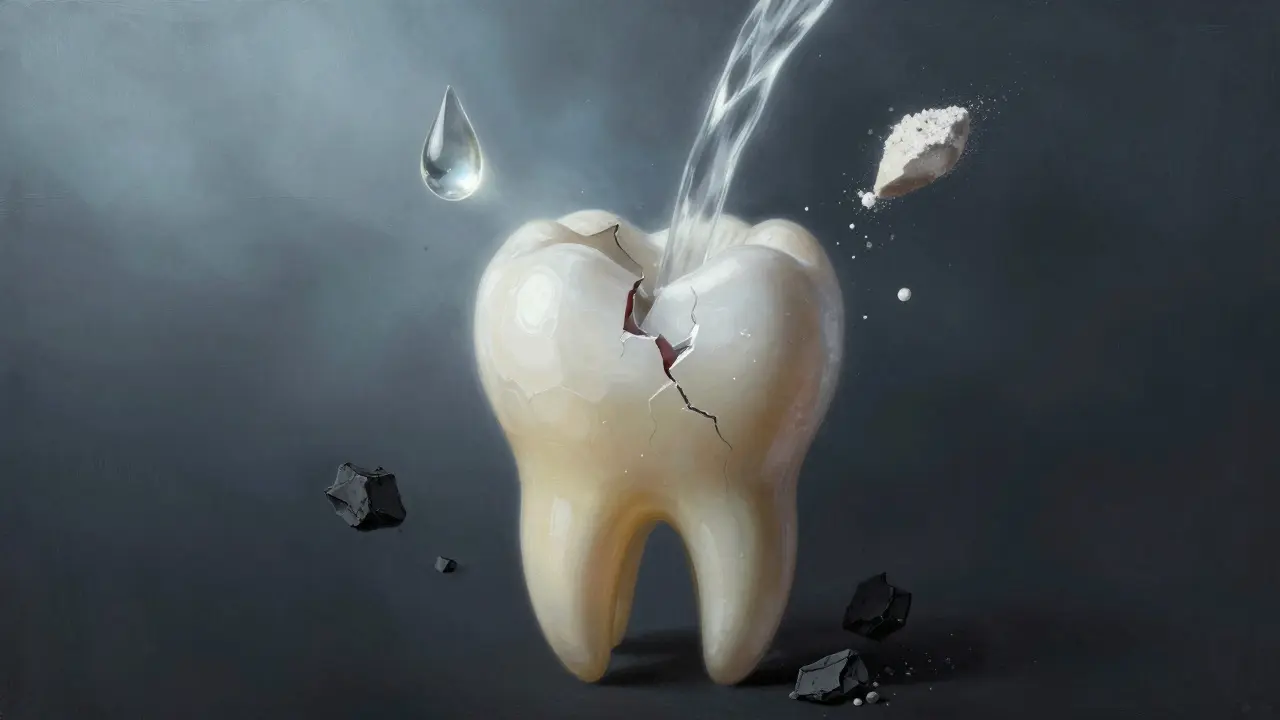 Zub s odhalenou žlutou dreňí, kolem něj škodlivé látky a bělící proud, symbolická scéna.
