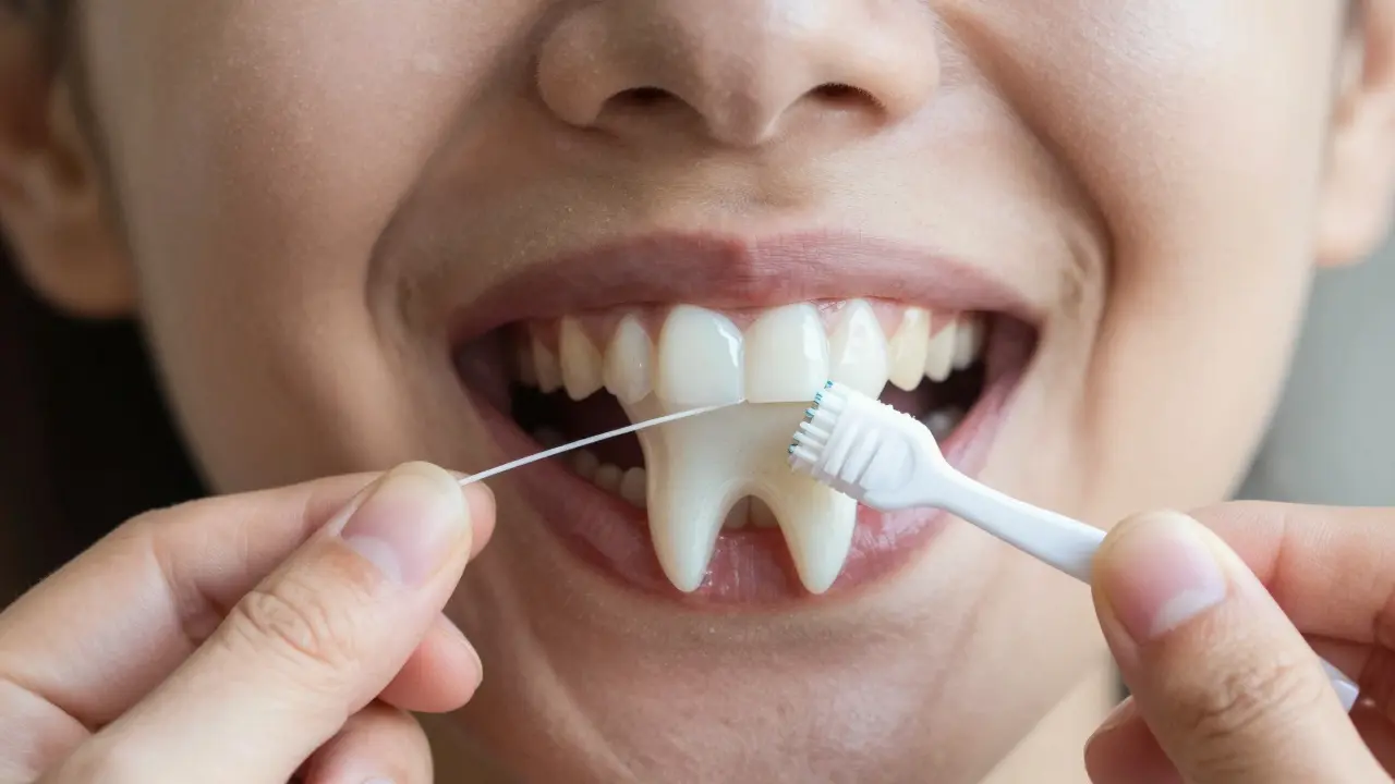 Zub se rozpadá, zatímco nástroje na čištění ho chrání.