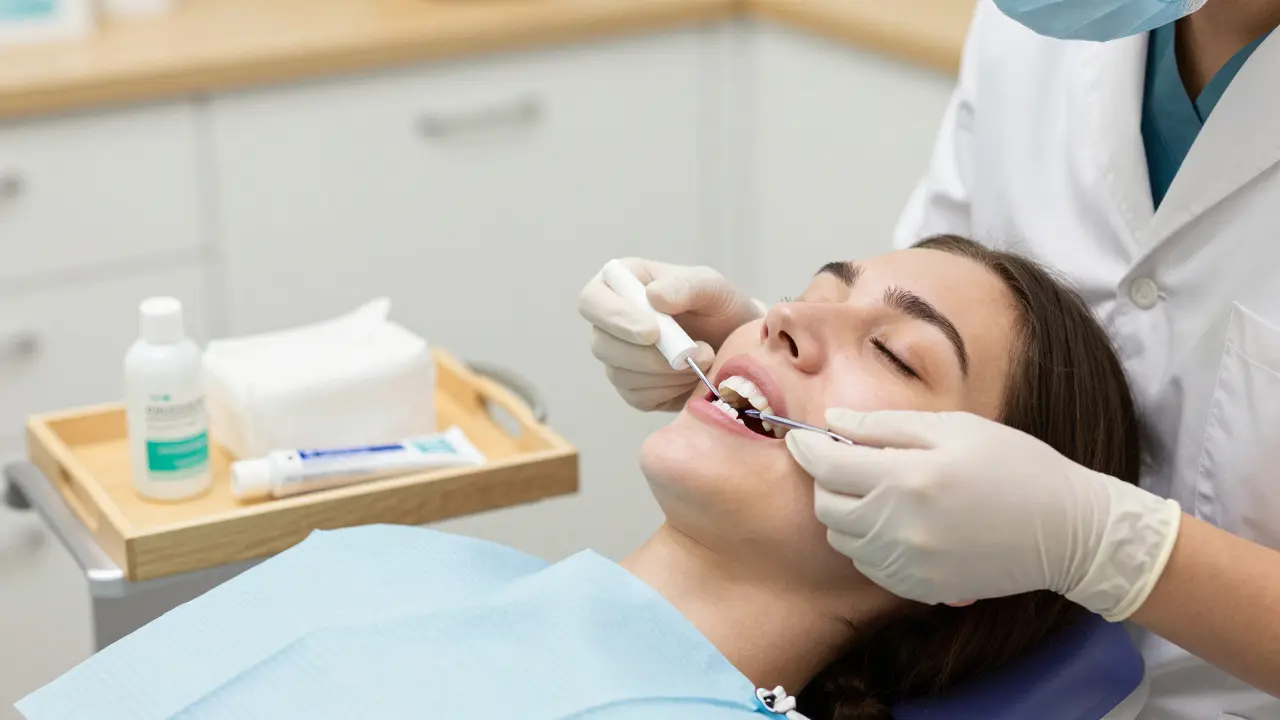 Zubař aplikuje fluoridový gel pacientovi v klidné klinice, symbolizující bezpečné bělení pro citlivé zuby.