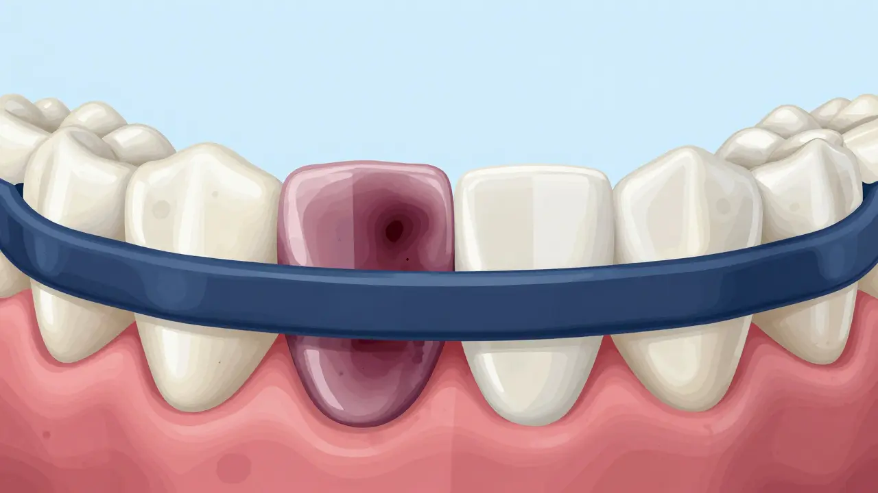 Zuby s čistými a zbarvenými gumičkami, ukazující rozdíl v údržbě.