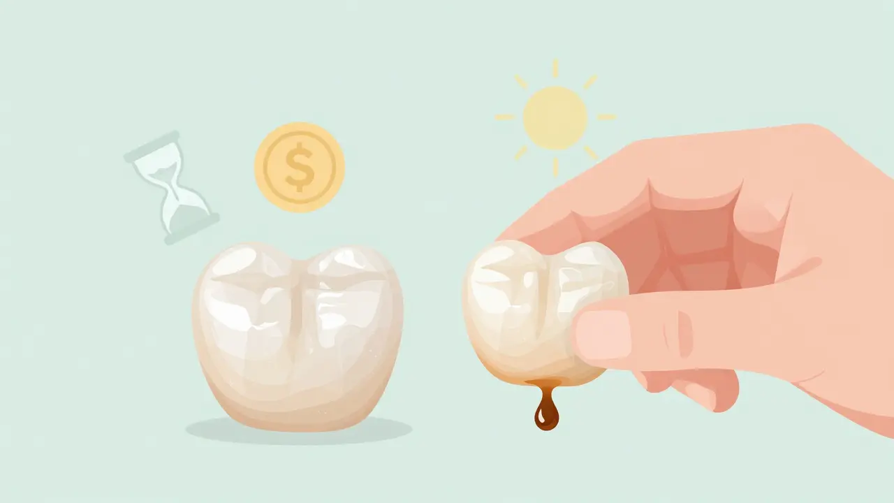 A composite veneer stained by coffee next to a pristine ceramic one, with icons of time, cost, and light.