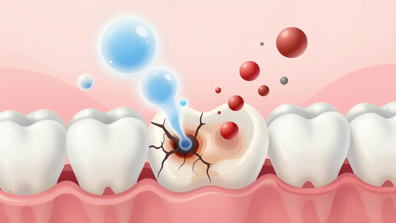 Chemický proces rozkladu pigmentů v zubní sklovině kyslíkem uvolněným z peroxidu vodíku.