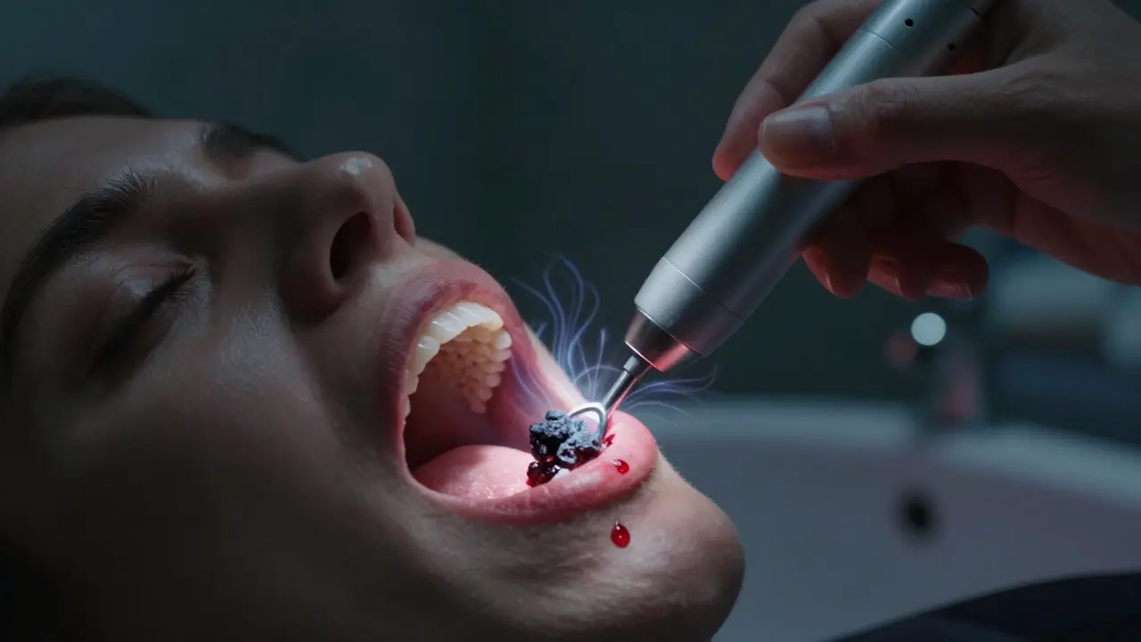Dental specialist odstraňující kámen pod dásní ultrazvukovým nástrojem.