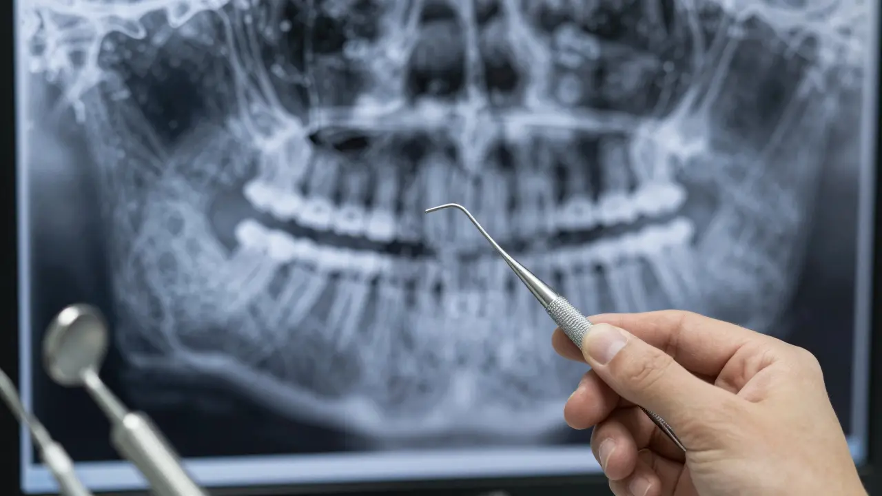 Dentist měří hloubku parodontální kapsy, s neviditelným rentgenem kostního úbytku na pozadí.