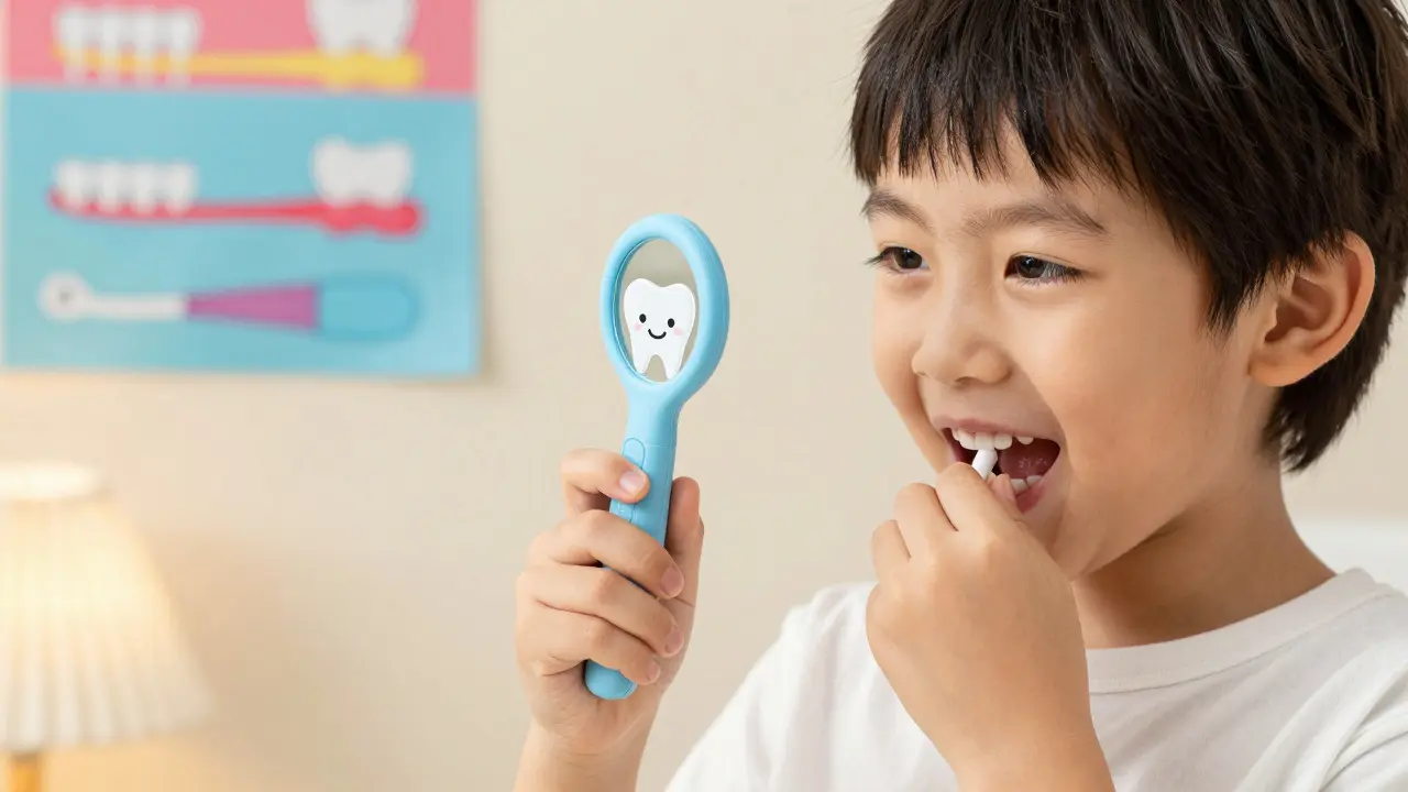 Dítě drží malé dentální zrcátko a podívá se do vlastního úst.