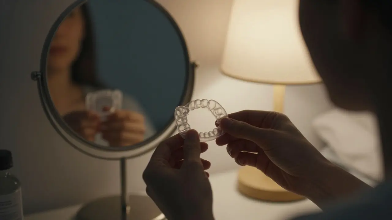 Dospělý pacient odstraňuje průhledný retainer v posteli při slabém osvětlení.