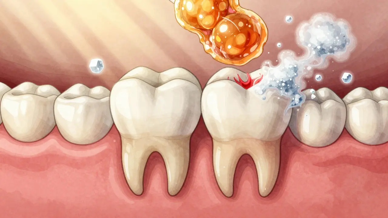 Dva zuby v ústech: jeden zdravý, druhý s poškozenou emalí a zbarvenými nervy, okolo nich kyselé a cukerné částice.