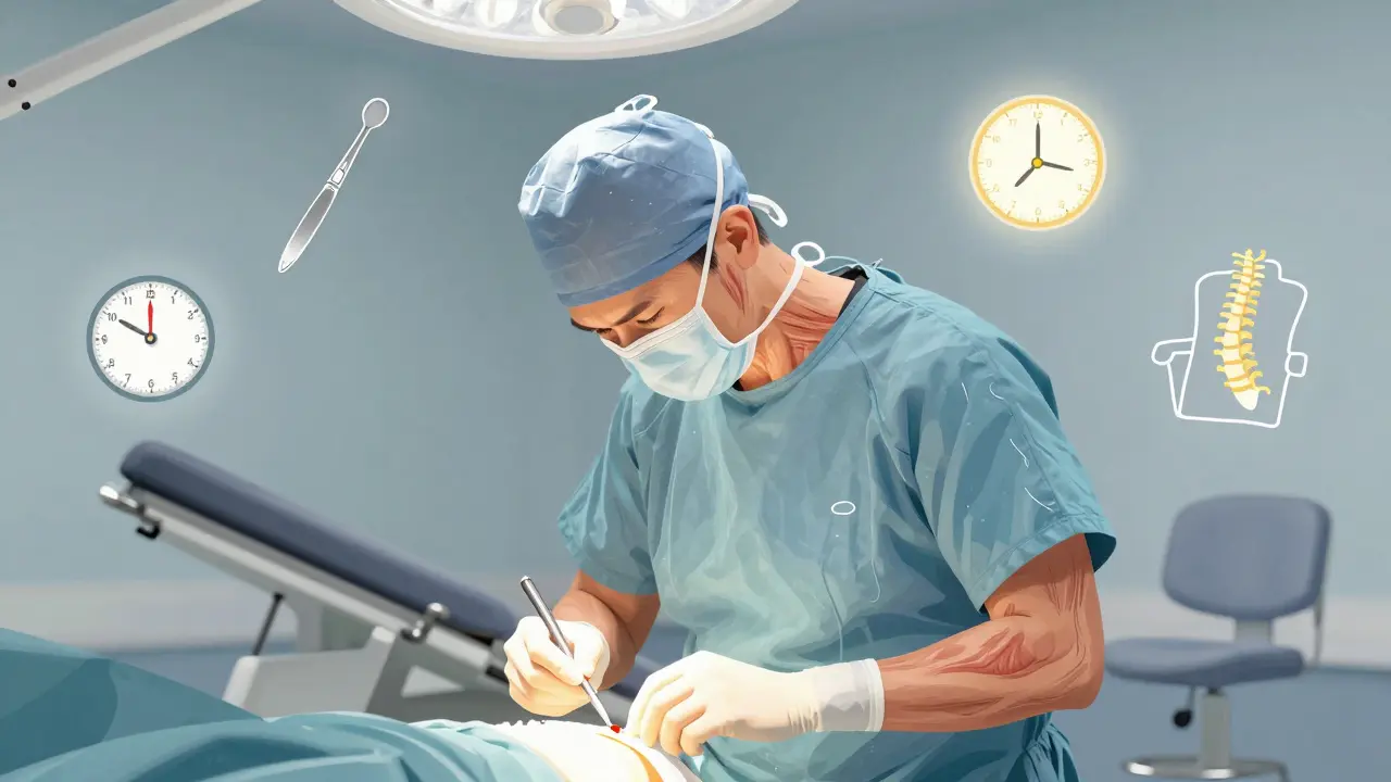 Ilustrace těla chirurga s označenými únavou svaly a kolem něj ergonomické řešení jako světelné ikony.