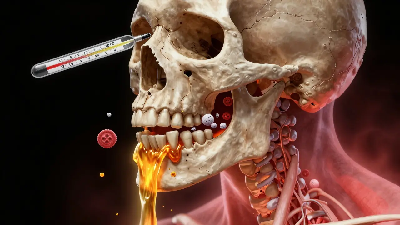 Kostel lebky s infikovaným zubem, z něj tekoucí hnis a bílé krvinky bojující s bakteriemi.