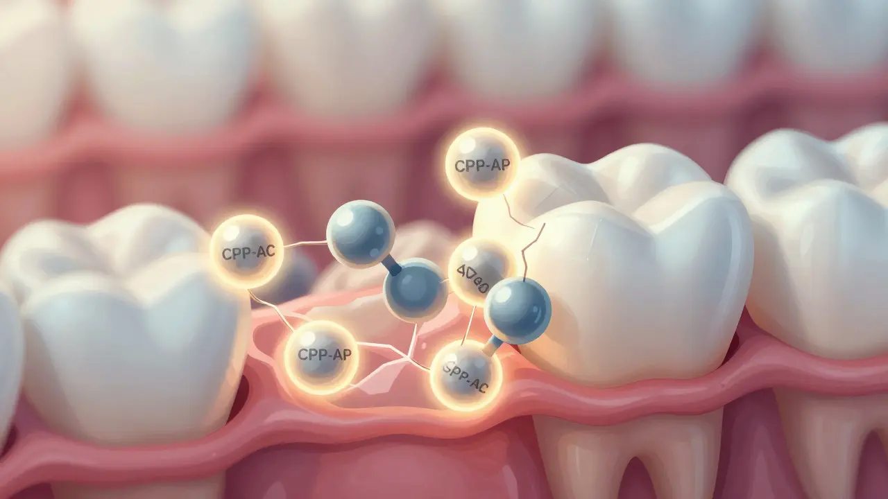 Mikroskopický pohled na opravu zubní skloviny minerály z CPP-ACP.
