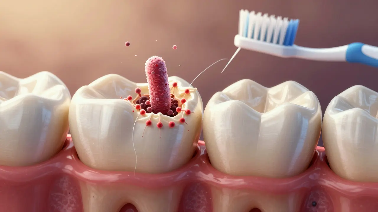 Mikroskopický pohled na plak a fluorid, který chrání zubní sklovinu.