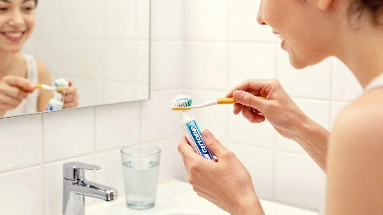 Osoba čistí zuby jemnou pastou a nití po instalaci fazet