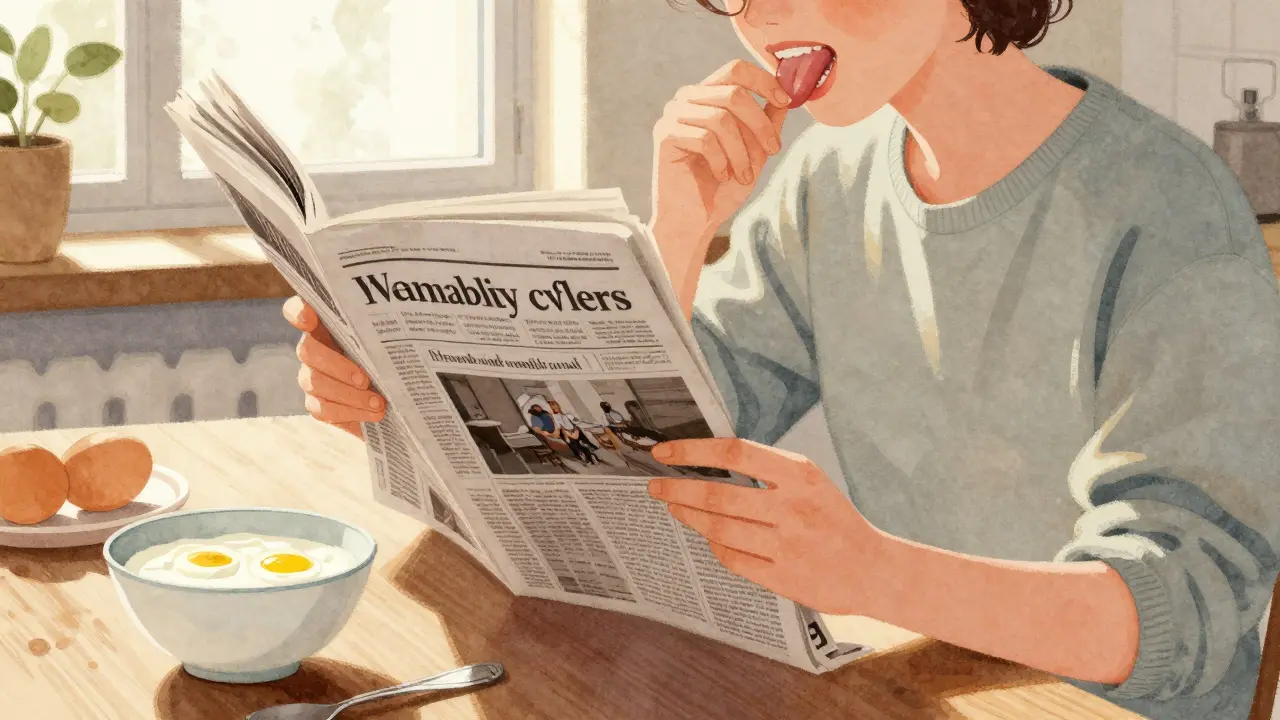 Osoba čte nahlas v kuchyni, vedle ní mírně teplé jídlo pro první dny po zákroku.