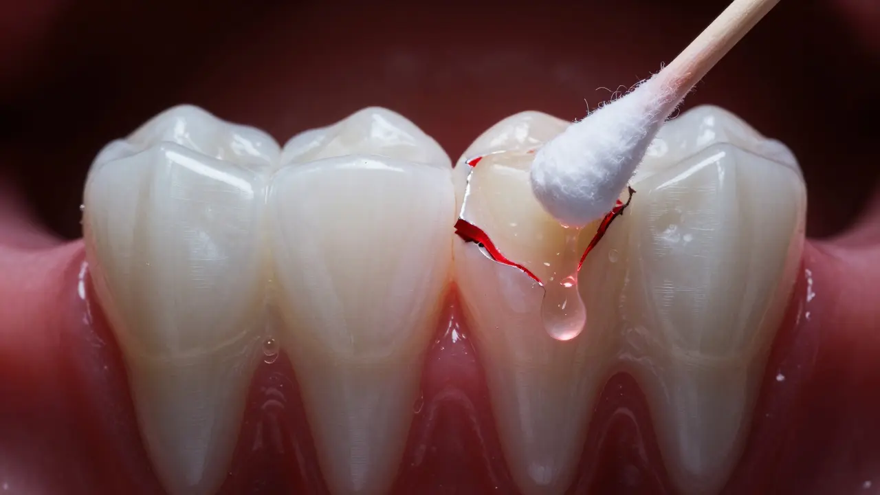 Porovnání zdravých zubů a poškozeného zubu s podrážděnými dásněmi po příliš dlouhém používání peroxidu.