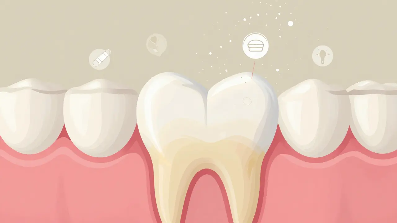 Příčný řez zubem ukazující tenčení emalí a zjevující se žlutý dentin.