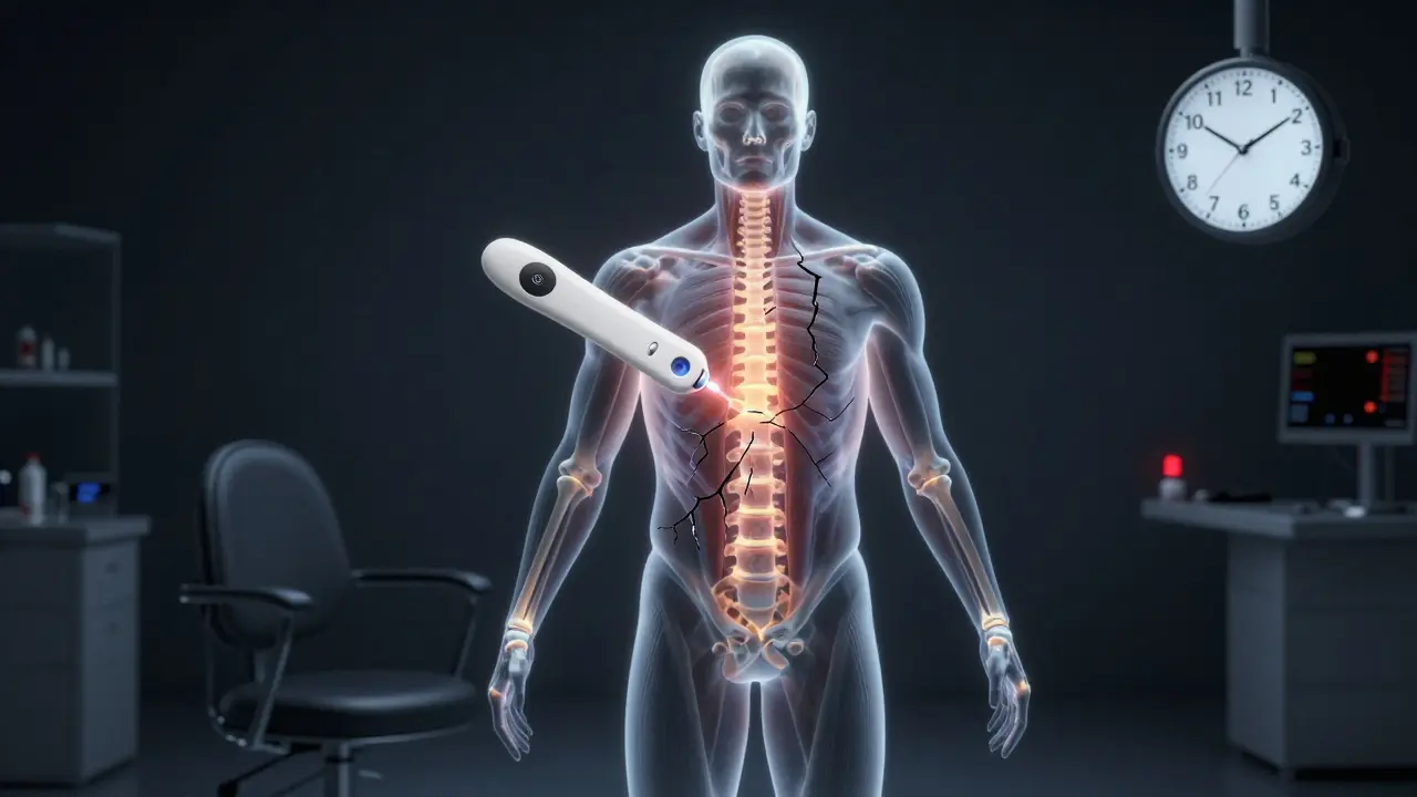 Průhledný silueta chirurga s poškozenými klouby, kterou opravují ergonomické nástroje a pauzy.