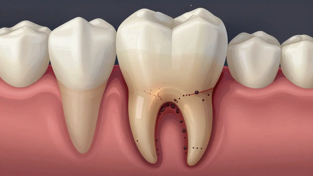 Průřez zubu s ničenou kostí a bakteriálním plakem pod dásní, s jemnými prasklinami na sklovine.