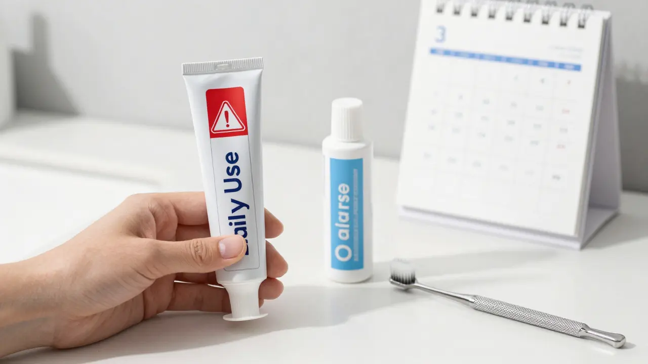 Ruka drží bělící pastu s varováním vedle fluoridové pasty a zubního nástroje.