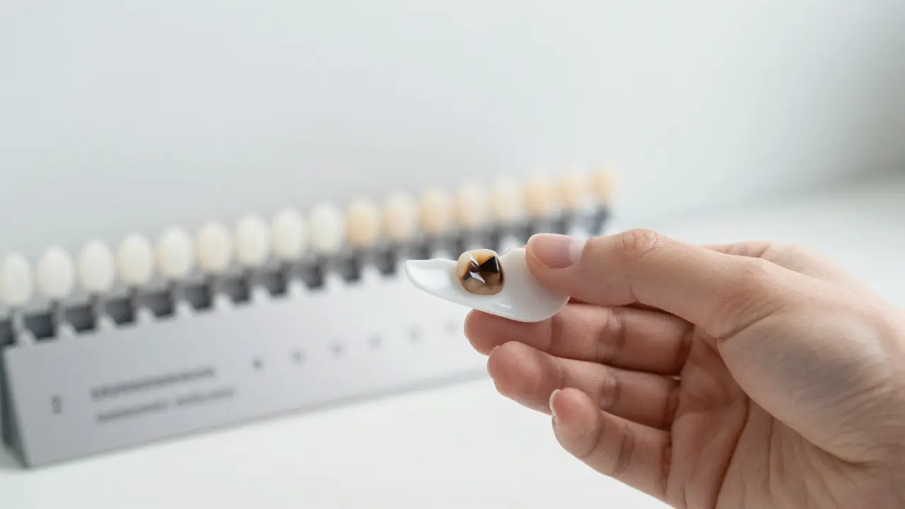 Tenká porcelánová výplň je přiložena k tmavému zubu, ukazující kontrast mezi původním zbarvením a opravou.