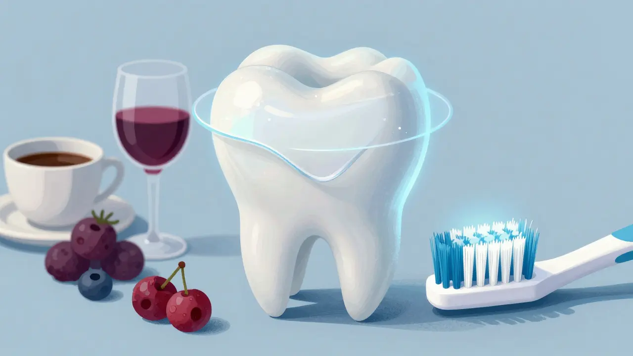 Tooth protected by fluoride shield with avoided foods around it