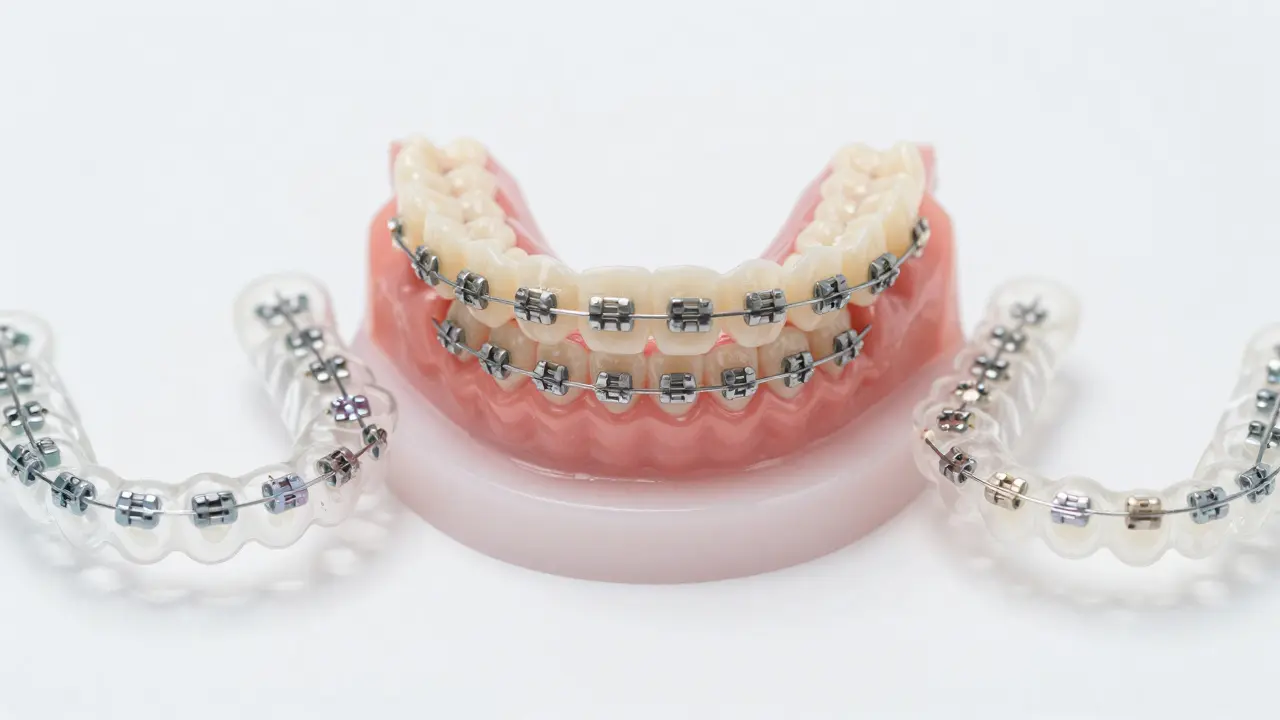 Tři typy ortodontických aparátů: kovové, keramické a průhledné, v detailu na bílém pozadí.