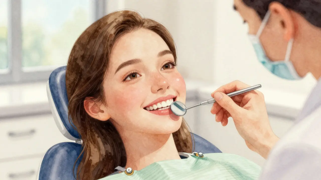 Zdravé dásně ženy při prohlídce u zubního lékaře