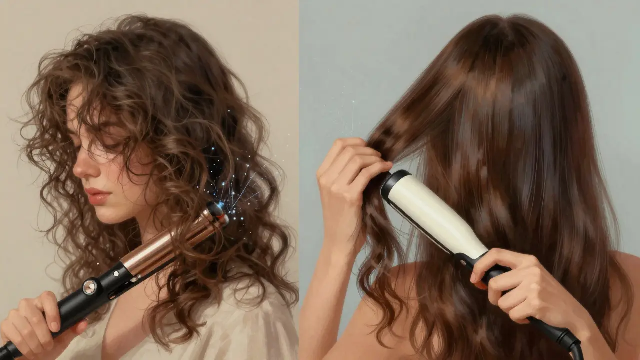 Žena používá keramické rovnátko, kde ionty svítí kolem vlasů, proti poškozeným vlasům.