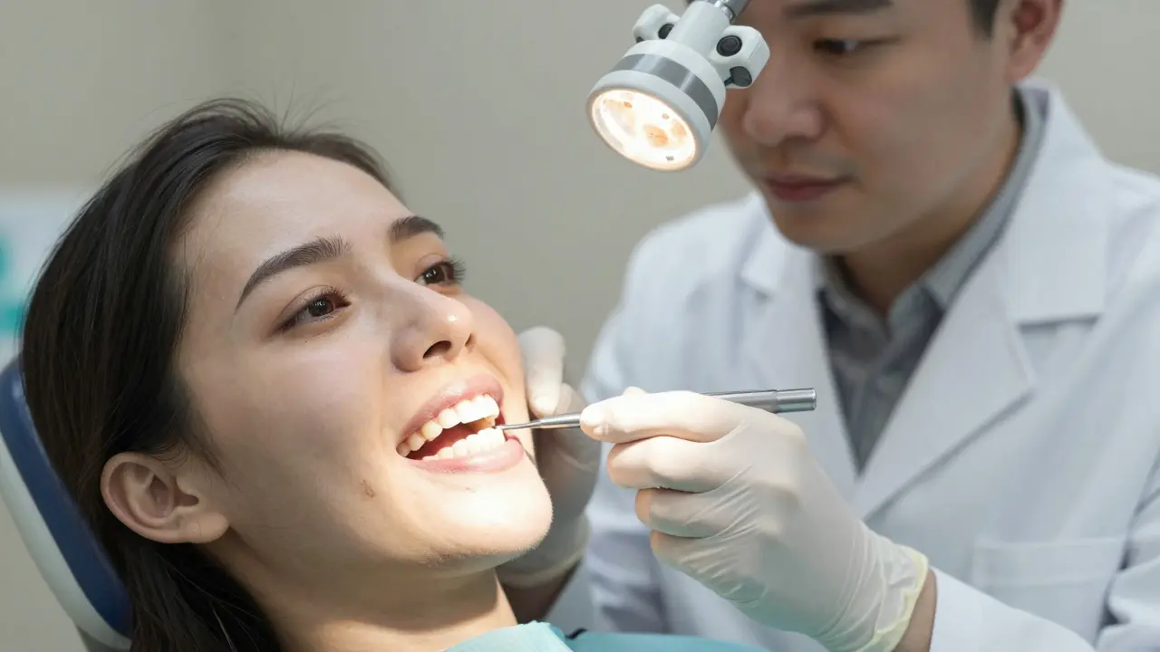 Zubní lékař pečlivě prohledává zuby pacienta s viditelnými stíny tetracyklinové pigmentace.