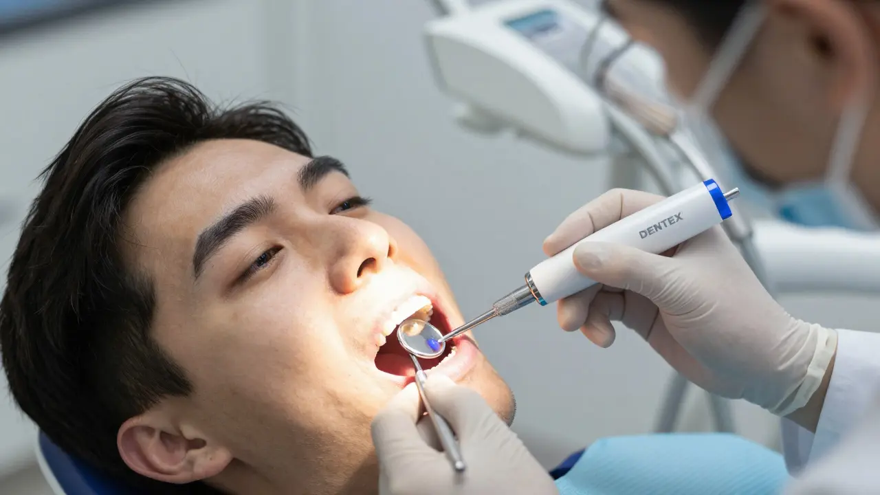 Zubní lékař používá profesionální dentální zrcátko při vyšetření pacienta.