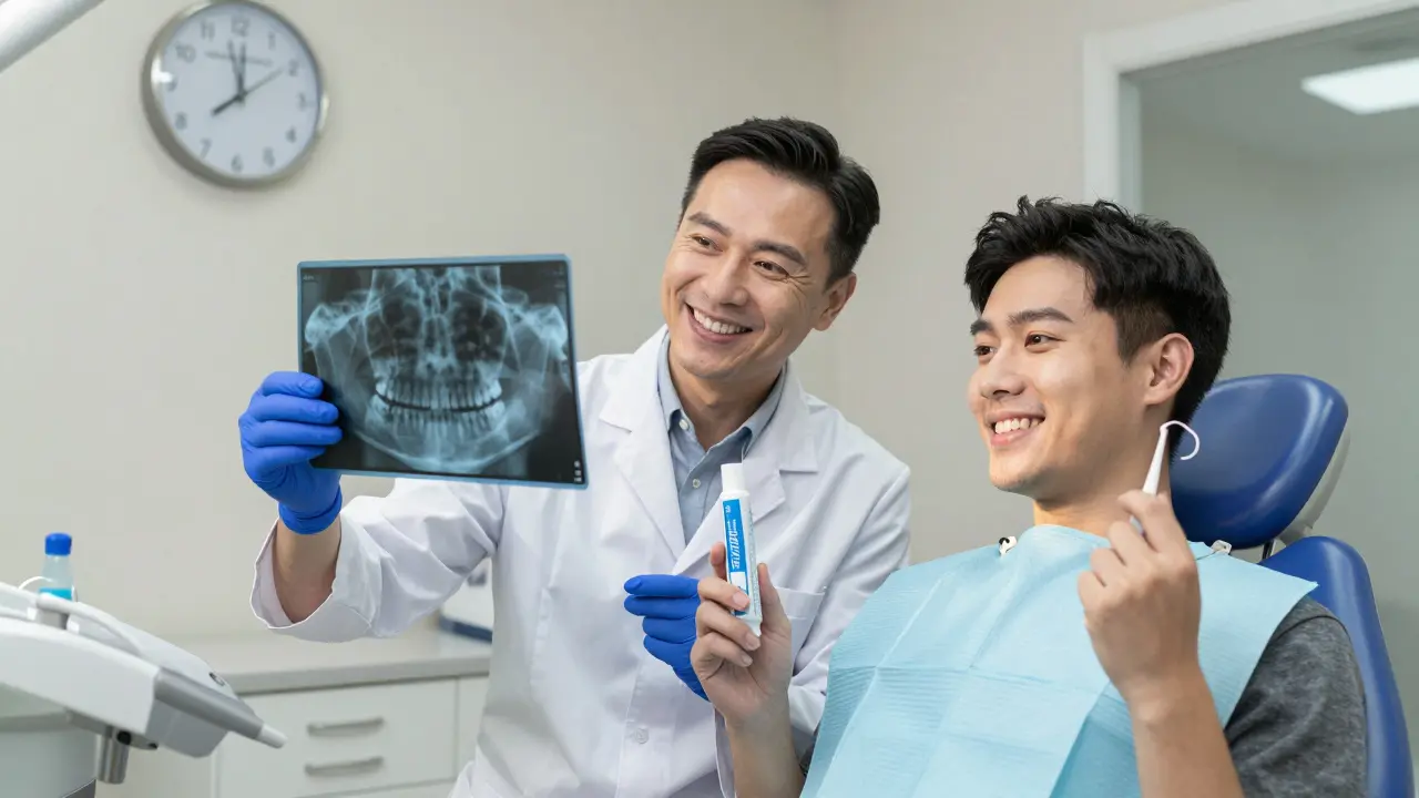 Zubní lékař ukazuje rentgen s počátečním mezizubním kazem, pacient drží prevenční pomůcky.