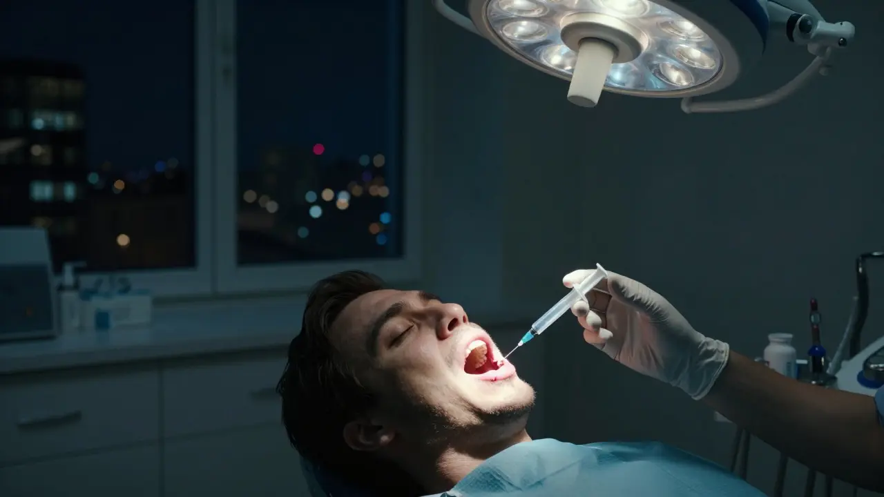 Zubní ordinace v noci, otevřený absces pod světlem, na podlaze leží tableta.