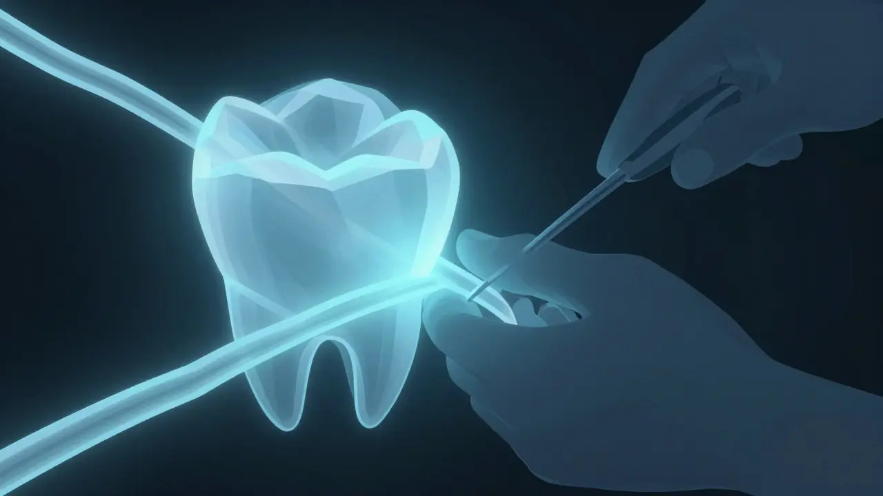 Abstraktní vizualizace blokády bolestivých signálů během procedury.