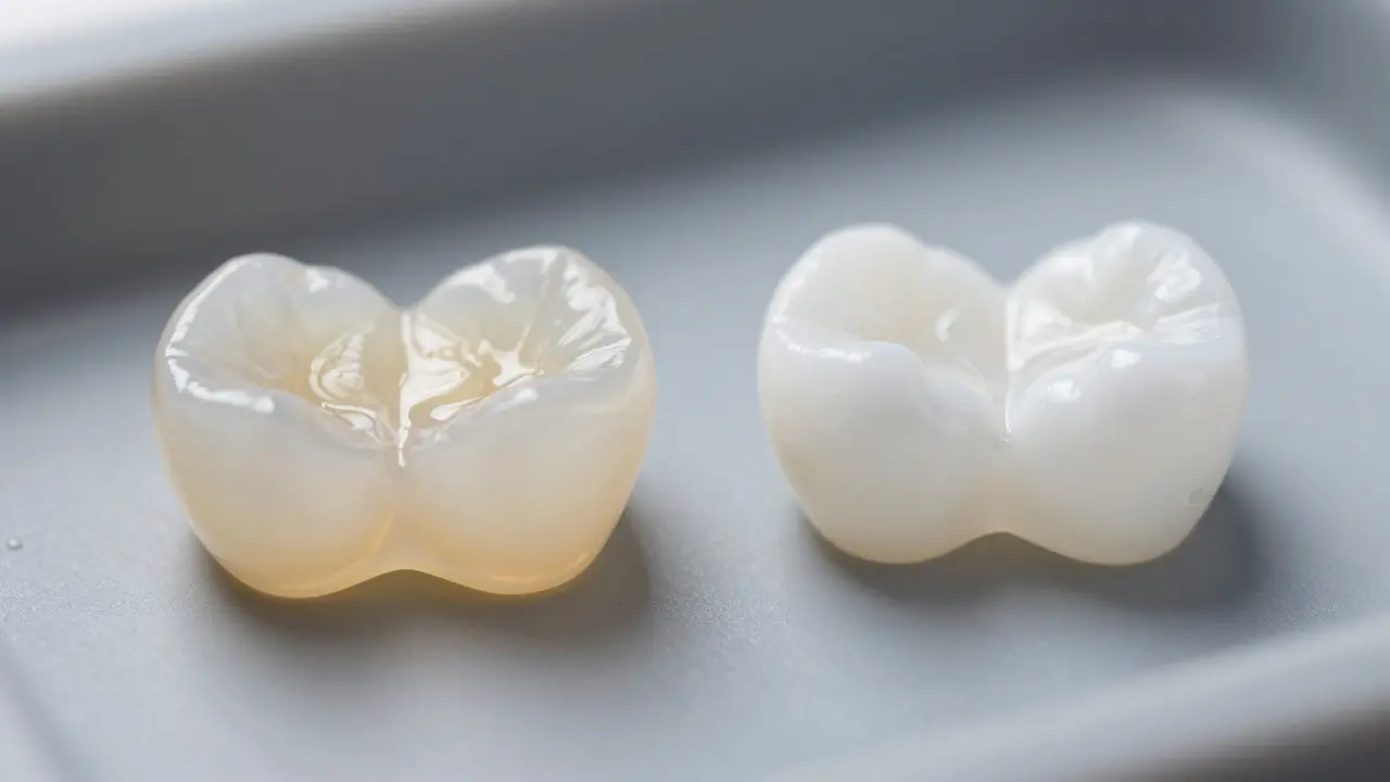 Bílá keramická dentální fazeta na lékařském pulte