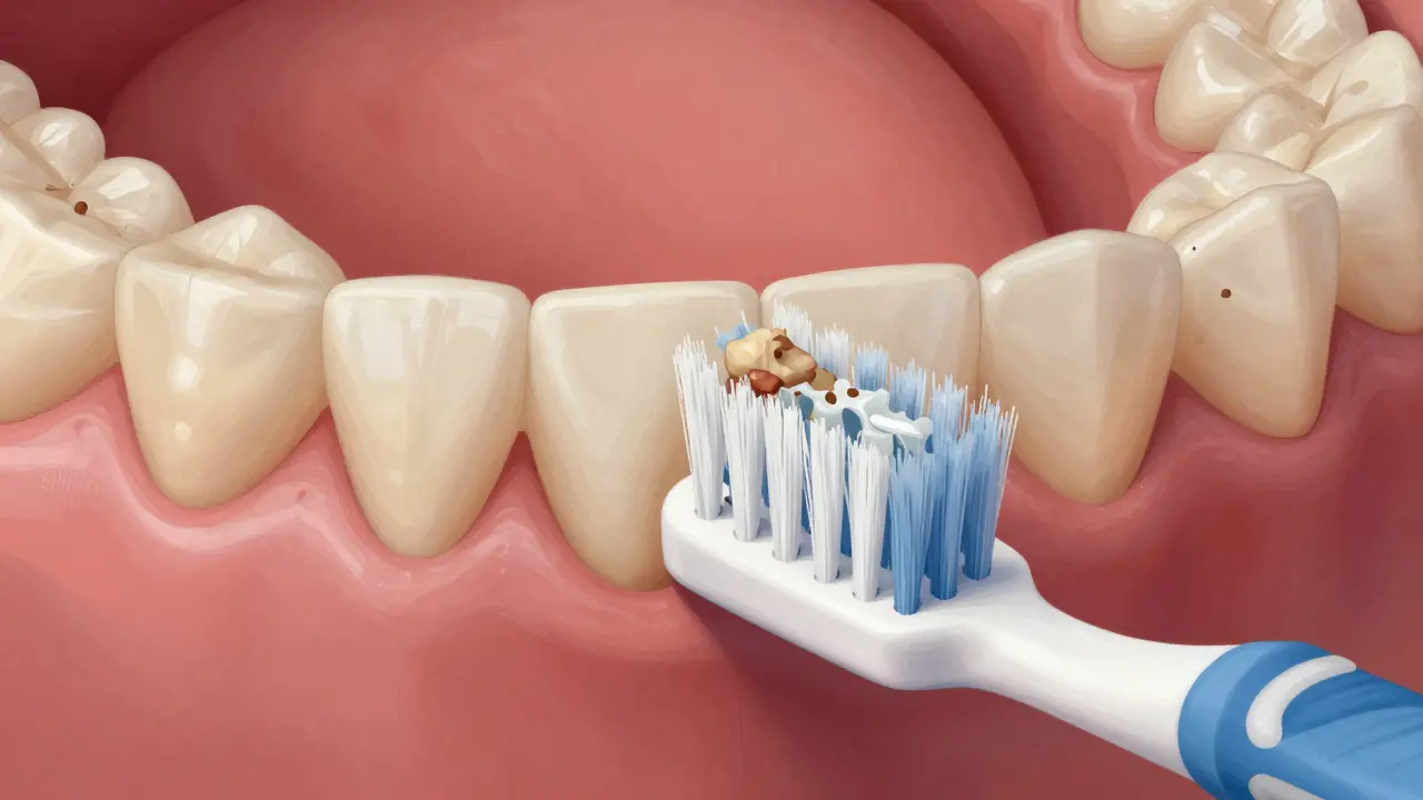 Blízký pohled na jednosvazkový kartáček čistící mezery mezi zuby s viditelným plakem a zubní protézou.