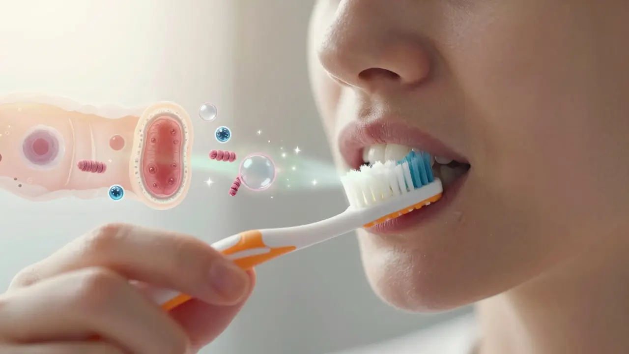 Člověk čistí zuby jemnými kruhovými pohyby s měkkým kartáčkem, zaměřený na linii dásní.