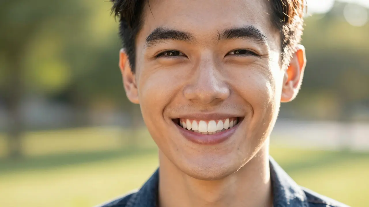 Člověk s radostným úsměvem ukazuje nové zubní vklady