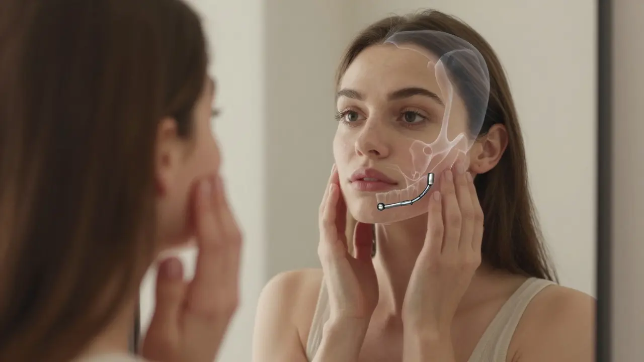 Člověk se dívá do zrcadla a dotýká se tváře, zatímco je vidět skrytá implantace v čelisti, symbolizující obnovu tváře.