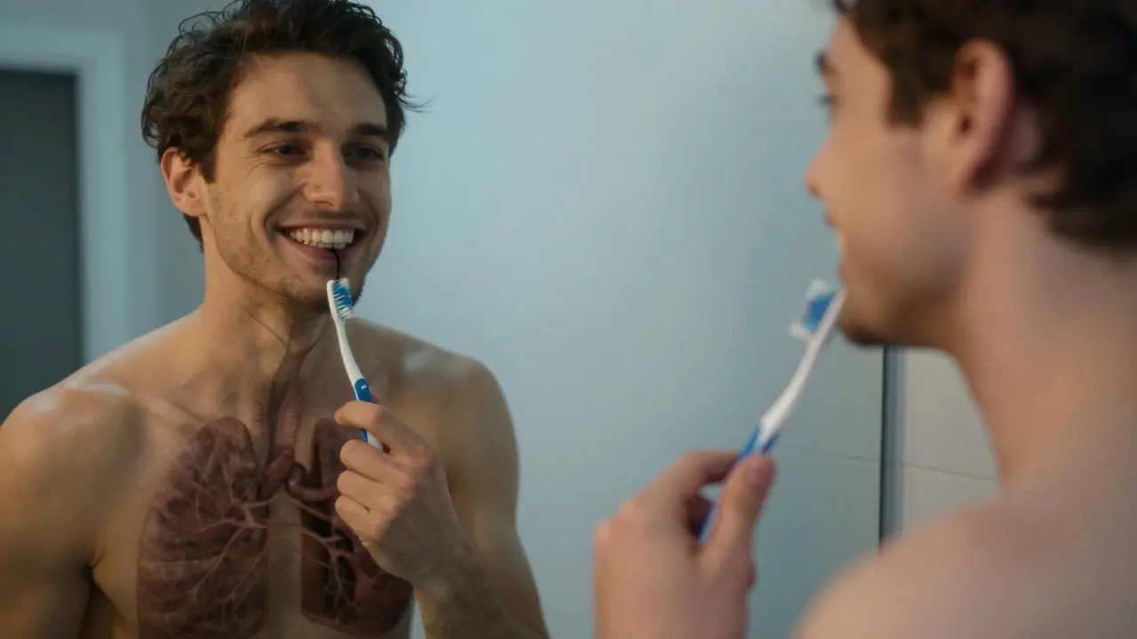 Člověk se směje, ale v zrcadle vidíme jeho zuby pokryté černým kamenem a infekčními šípky