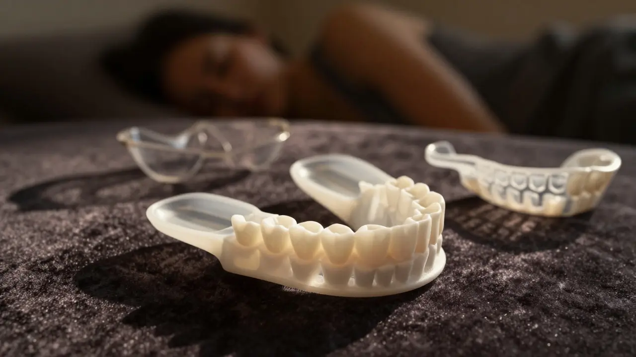 Detailní pohled na vlastní vyrobené ústní zařízení pro spánek na tmavém pozadí.