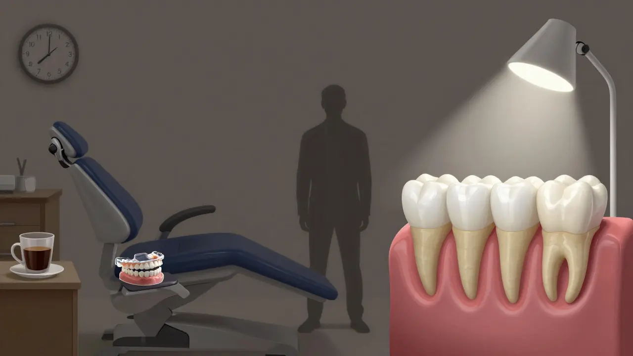 Dvě cesty po ztrátě zubu: snímatelná protéza na nočním stolku a pevný most na zdravých zubech.