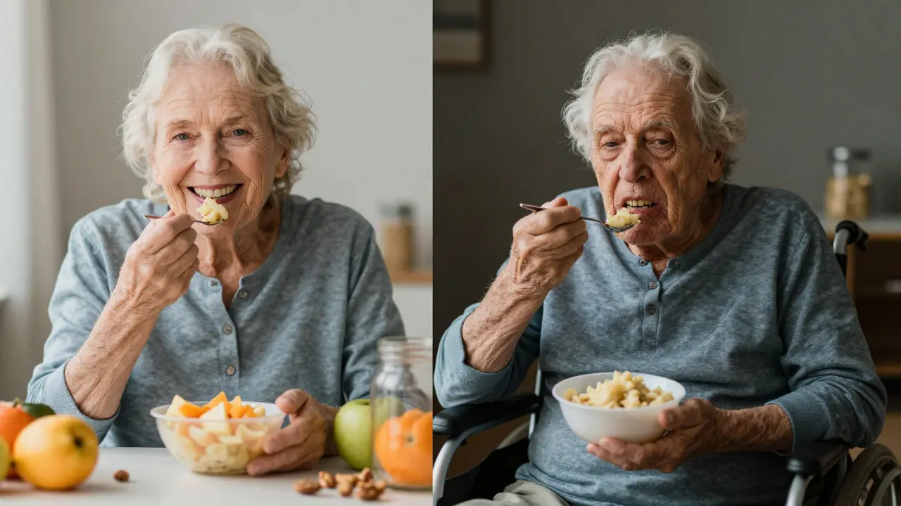 Dvě strany jednoho života: zdravý stáří s přirozenou stravou a ztráta zubů s omezenou výživou.