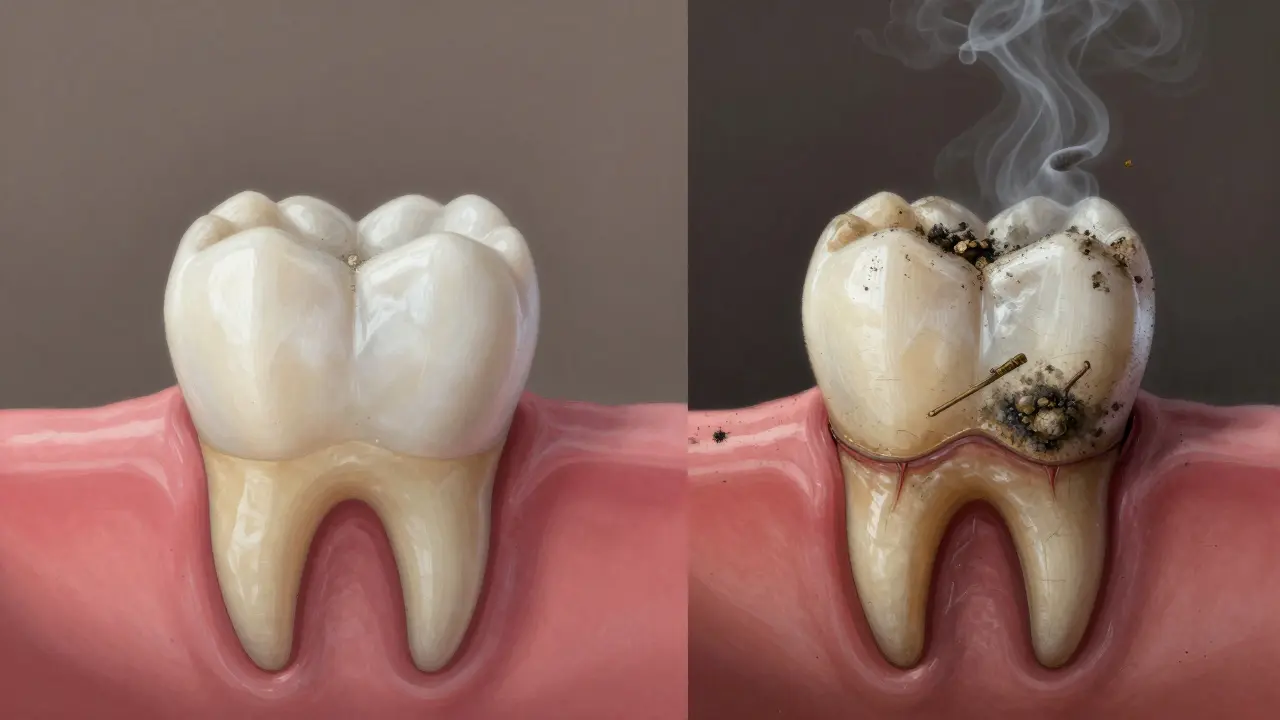 Dvě strany jednoho zubu: zdravý vlevo a zničený vpravo po 20 letech