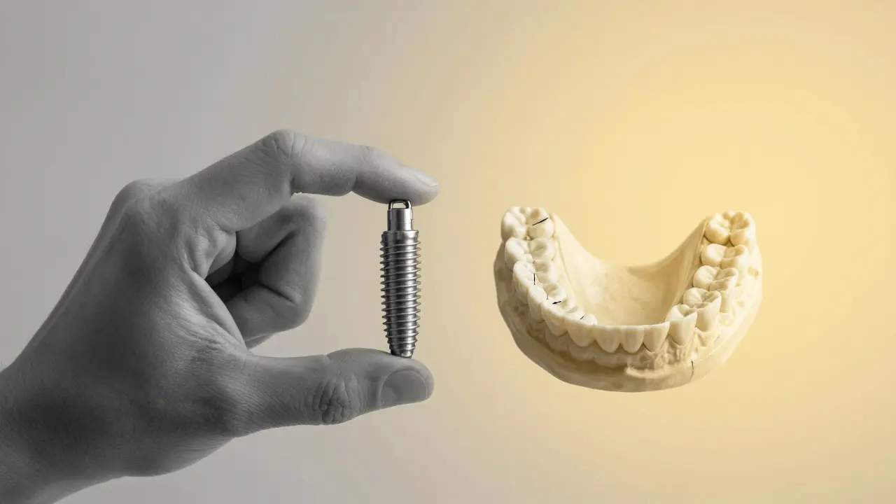 Jedna zubní implantace vedle rozbité protézy, s pozadím přecházejícím z šedi do zlata, znázorňující přechod od omezení k sebevědomí.