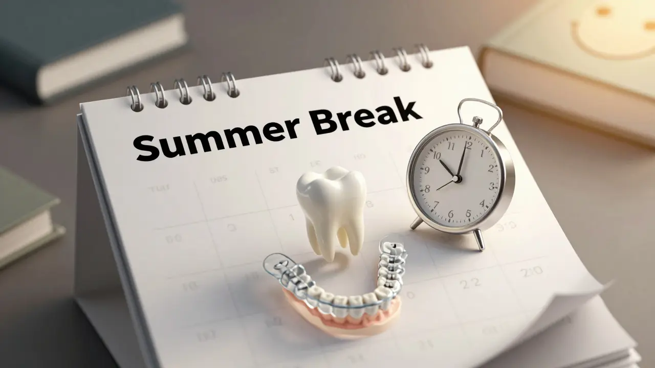 Kalendářový list označený 'Letní prázdniny' s ortodontickými prvky a růstovým úsměvem.