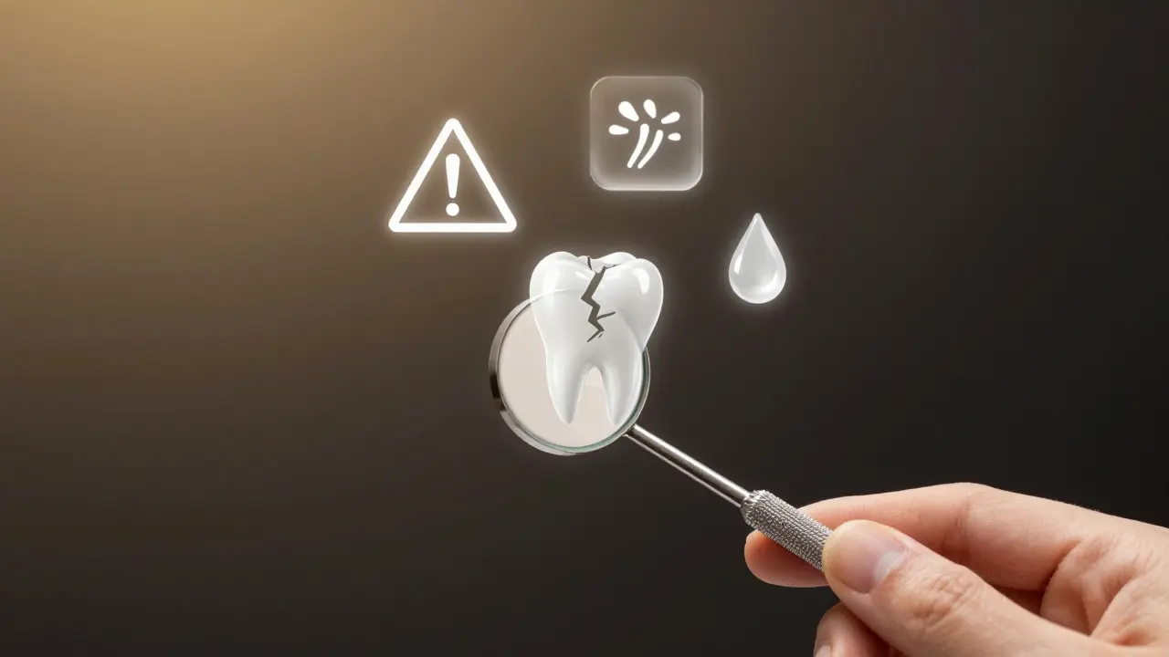 Koncepční obrázek dentálního zrcátka, které ukazuje viditelné příznaky ústních problémů.