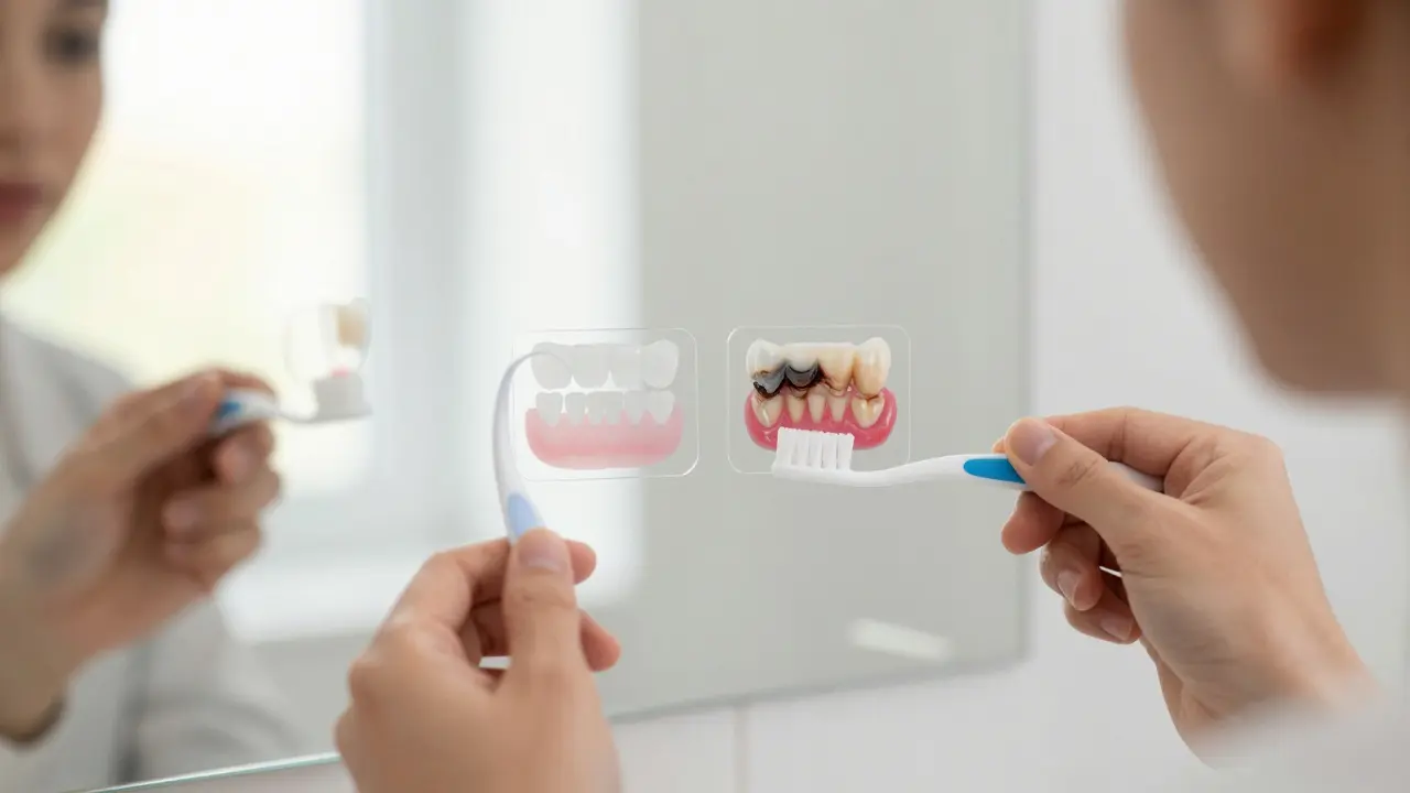 Osoba používá nit a mezizubní kartáček s přehledem zdravých a poškozených zubů.