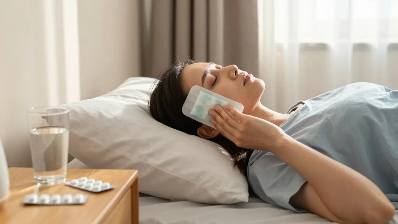 Pooperační péče, pacient se ledovým balíčkem na tváři doma.