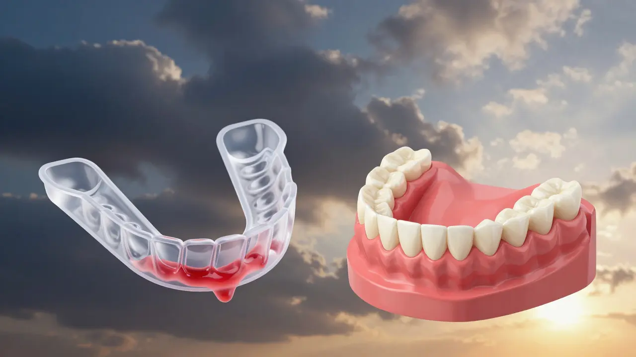 Porovnání levné a kvalitní bělící sady: gel se rozlévá na dásně nebo zůstává na zubech.