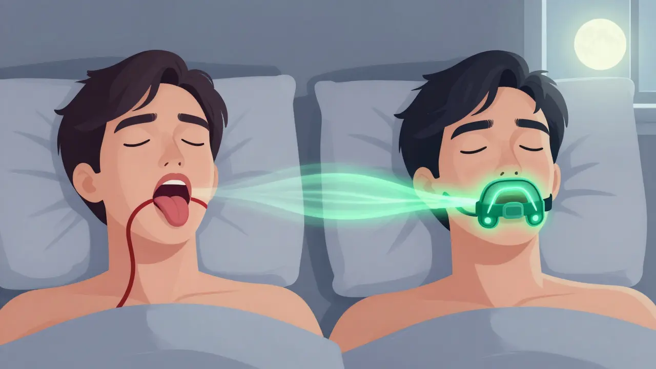 Porovnání uzavřené a otevřené dýchací cesty během spánku s a bez zařízení.