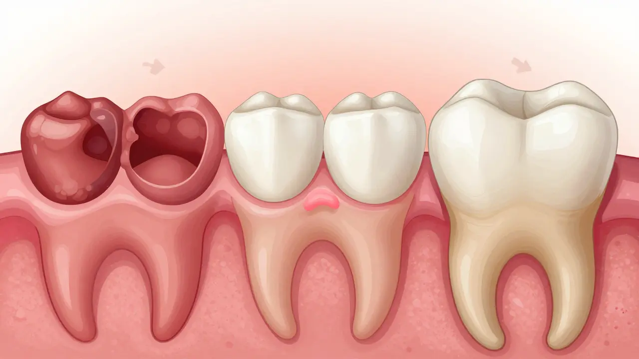 Postupné hojení dásní od zánětu přes regeneraci k zdravé tkáni.